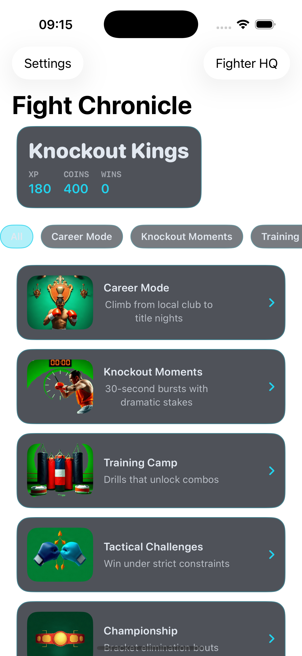 Fight Chronicle home with stats and mode filters